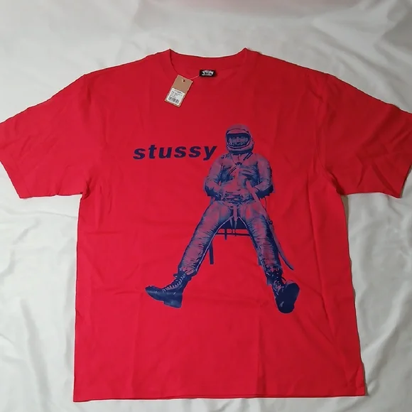 Stussy Red Tee with Navy Astronaut Graphic - Picture 1 of 3
